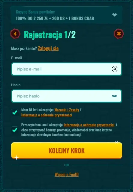 formularz rejestracyjny Casino Spinanga drugi krok